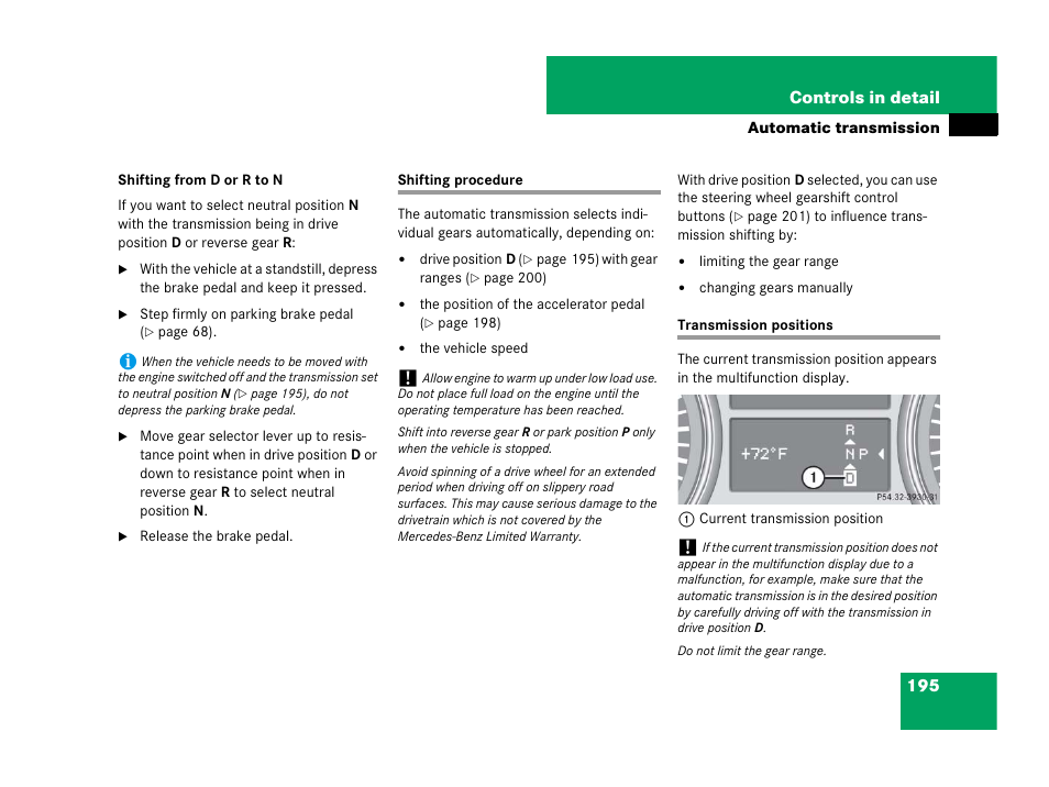 Gear selector lever:position indicator, Transmission positions, Shifting procedure transmission positions | Mercedes-Benz GL-Class 2007 Owners Manual User Manual | Page 196 / 595