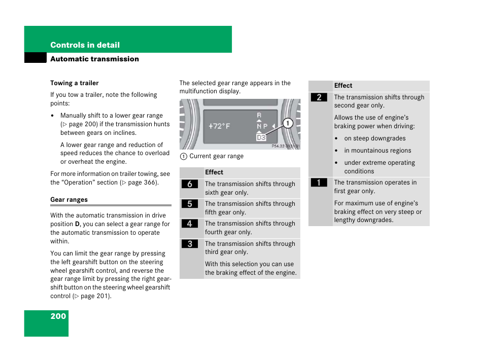 Gear range:automatic transmission, Gear ranges | Mercedes-Benz GL-Class 2007 Owners Manual User Manual | Page 201 / 595