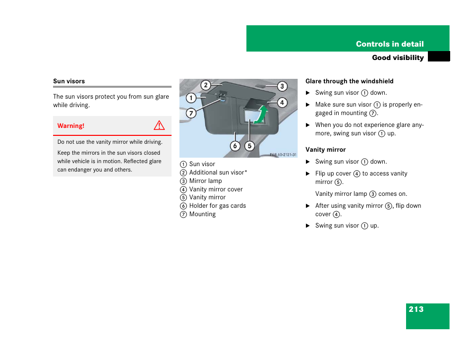 Sun visors, Olded up | Mercedes-Benz GL-Class 2007 Owners Manual User Manual | Page 214 / 595