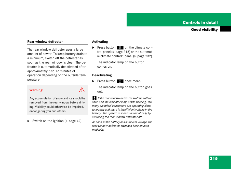Defrosting, rear, Rear window defroster | Mercedes-Benz GL-Class 2007 Owners Manual User Manual | Page 216 / 595