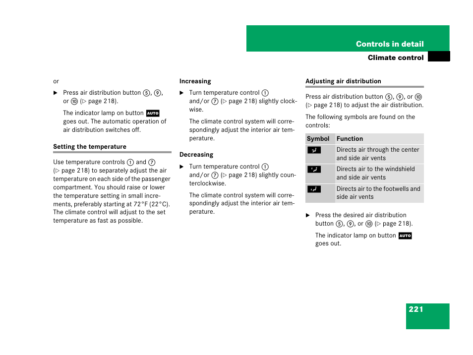 Temperature:interior temperature, Air distribution, front, Setting the temperature adjusting air distribution | Mercedes-Benz GL-Class 2007 Owners Manual User Manual | Page 222 / 595