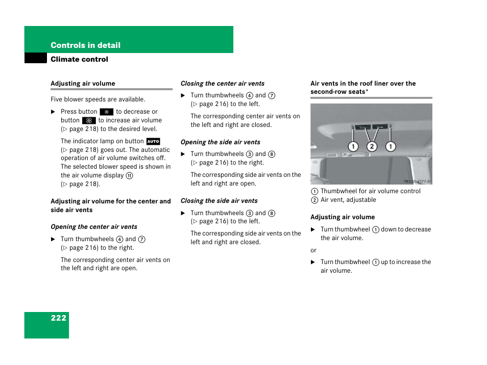 Climate control:air volume, Climate control: air vents*, second-row seats | Mercedes-Benz GL-Class 2007 Owners Manual User Manual | Page 223 / 595