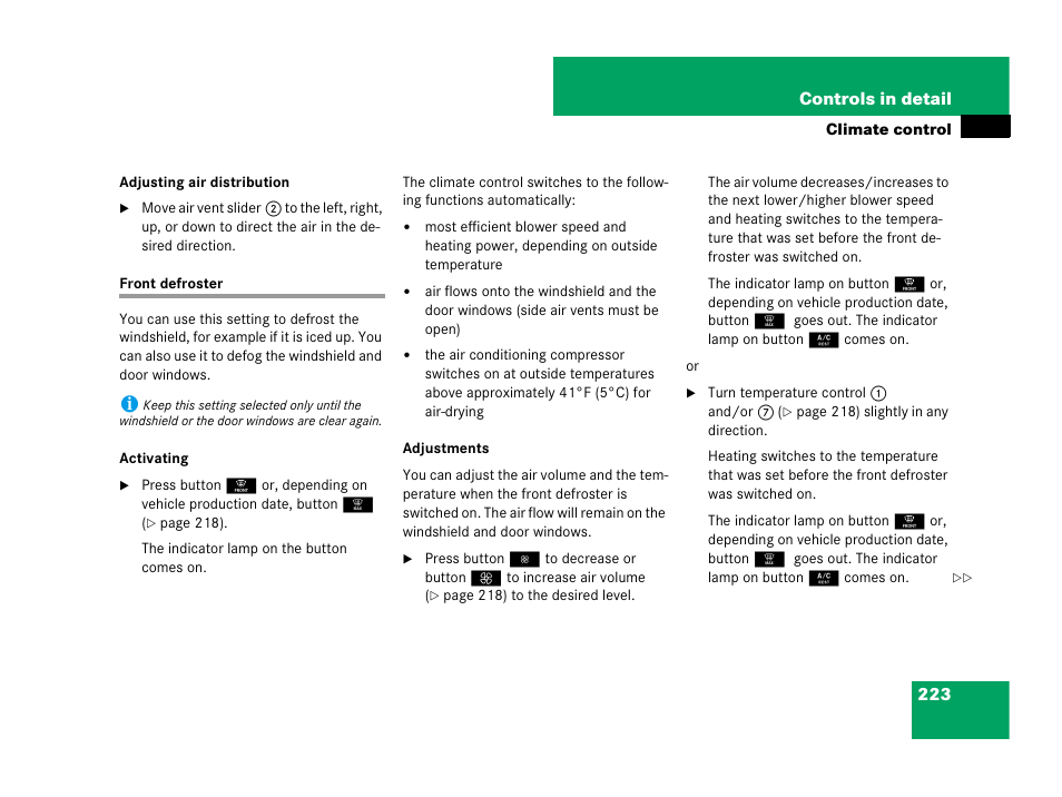 Defogging windshield, Front defroster | Mercedes-Benz GL-Class 2007 Owners Manual User Manual | Page 224 / 595