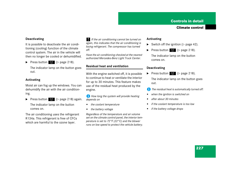 Climate control: residual engine heat (rest), Residual heat and ventilation, 227 controls in detail | Mercedes-Benz GL-Class 2007 Owners Manual User Manual | Page 228 / 595