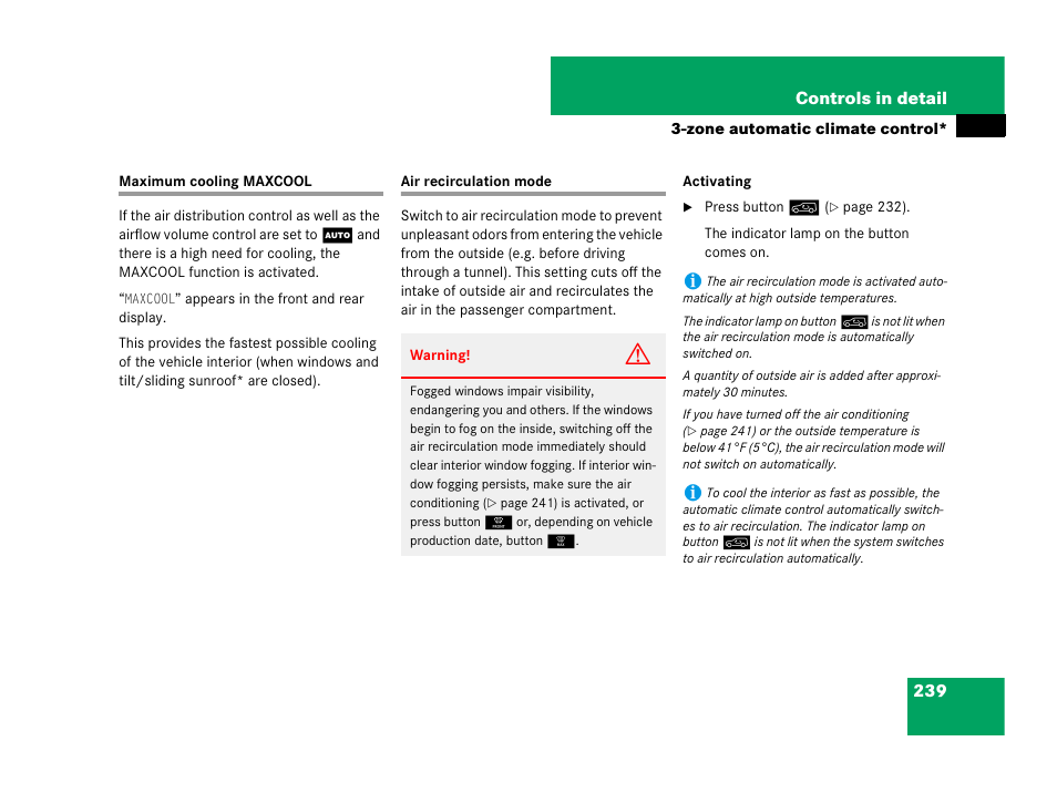 Air recirculation mode, Maximum cooling maxcool air recirculation mode | Mercedes-Benz GL-Class 2007 Owners Manual User Manual | Page 240 / 595