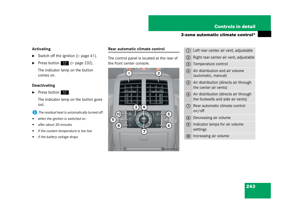 Rear automatic climate control | Mercedes-Benz GL-Class 2007 Owners Manual User Manual | Page 244 / 595