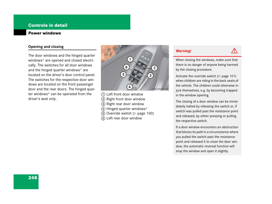 Power windows, Power windows:door windows, Opening and closing | Mercedes-Benz GL-Class 2007 Owners Manual User Manual | Page 249 / 595