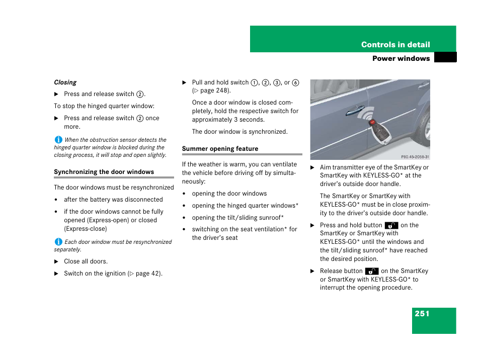 Power windows:synchronizing, door windows, Power tilt/sliding sunroof*:summer opening feature, See “summer opening fea- ture | See “summer opening feature | Mercedes-Benz GL-Class 2007 Owners Manual User Manual | Page 252 / 595