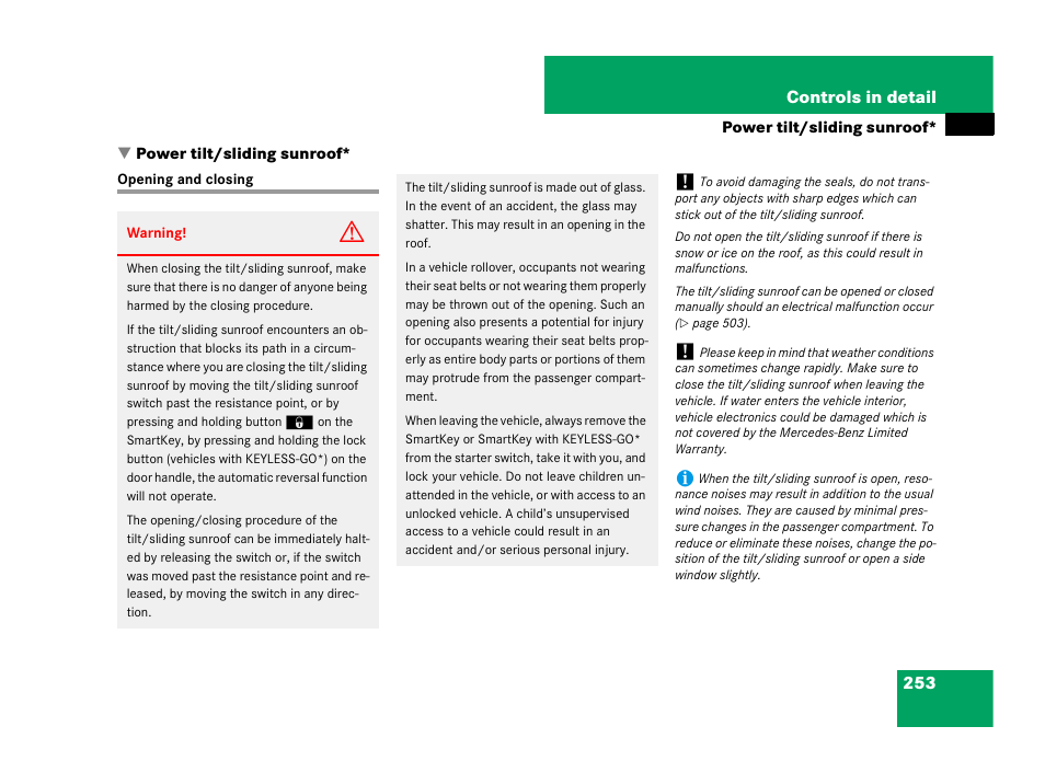 Power tilt/sliding sunroof, Opening and closing | Mercedes-Benz GL-Class 2007 Owners Manual User Manual | Page 254 / 595
