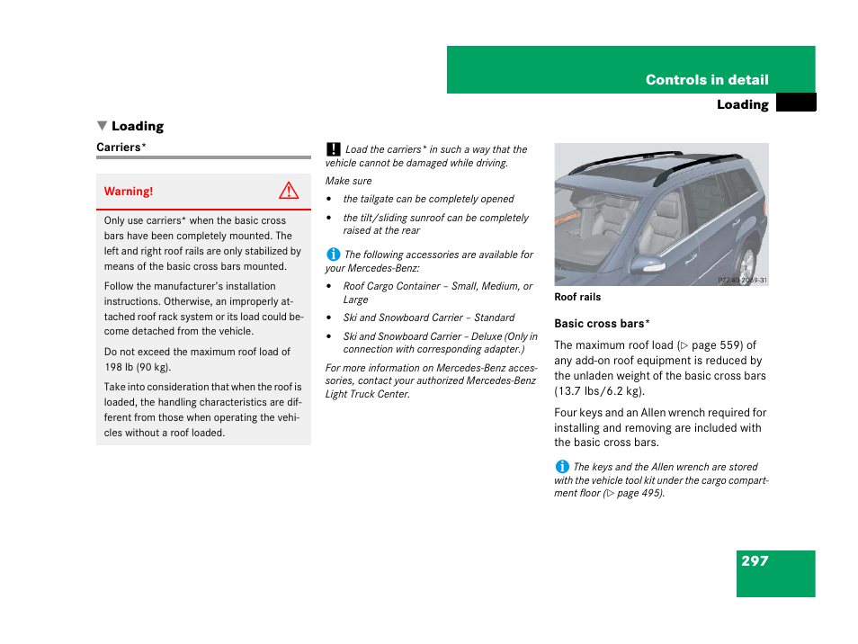 Loading, Carriers, See “load- ing | Mercedes-Benz GL-Class 2007 Owners Manual User Manual | Page 298 / 595