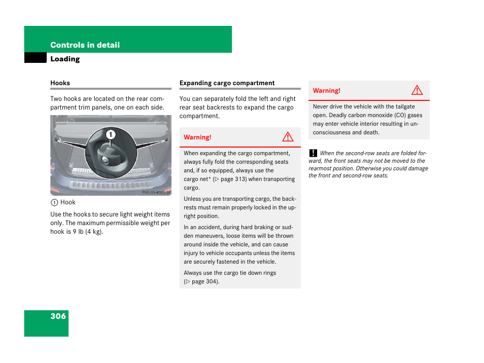 Hooks:loading, Vehicle loading:expanding cargo compartment, Hooks expanding cargo compartment | Mercedes-Benz GL-Class 2007 Owners Manual User Manual | Page 307 / 595