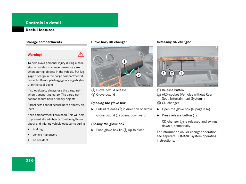 Useful features, Storage compartments | Mercedes-Benz GL-Class 2007 Owners Manual User Manual | Page 317 / 595