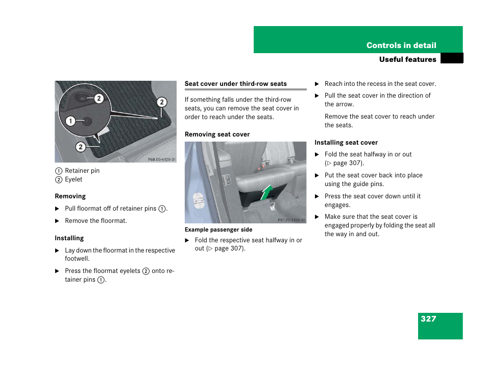 Seat cover under thirdrow seats, Seat cover under third-row seats, 327 controls in detail | Mercedes-Benz GL-Class 2007 Owners Manual User Manual | Page 328 / 595