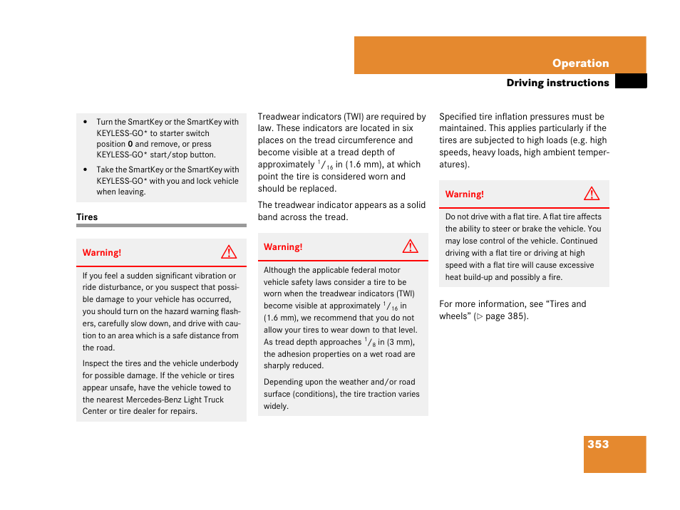 Tires:driving instructions, Tires, 353 operation | Mercedes-Benz GL-Class 2007 Owners Manual User Manual | Page 354 / 595