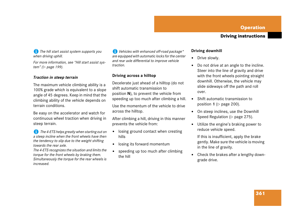 See “driving downhill | Mercedes-Benz GL-Class 2007 Owners Manual User Manual | Page 362 / 595