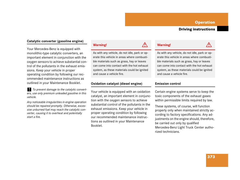 Catalytic converter (gasoline engine), Oxidation catalyst (diesel engine), Emission control | Mercedes-Benz GL-Class 2007 Owners Manual User Manual | Page 374 / 595