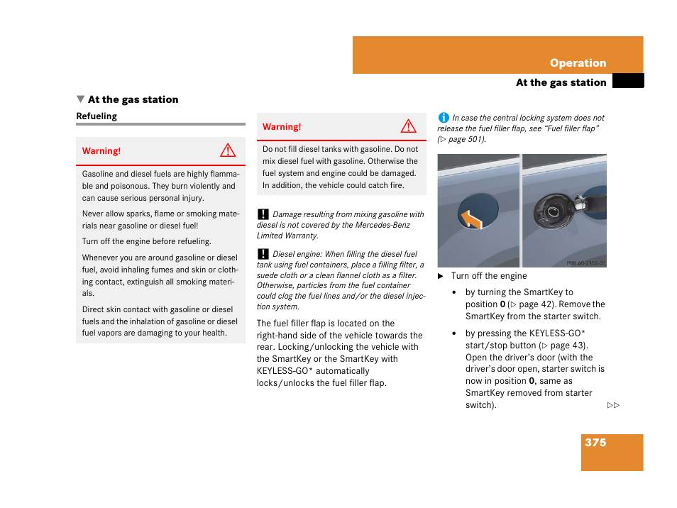 At the gas station, Fuel filler flap:opening, Refueling | Mercedes-Benz GL-Class 2007 Owners Manual User Manual | Page 376 / 595