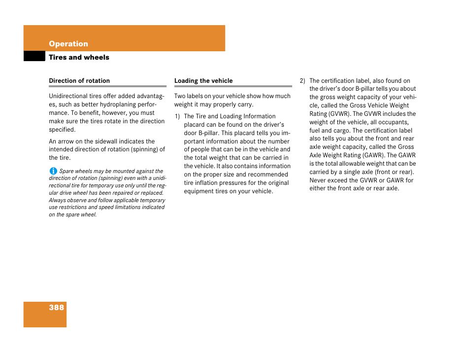 Direction of rotation (tires), Tires:loading the vehicle, Direction of rotation loading the vehicle | Mercedes-Benz GL-Class 2007 Owners Manual User Manual | Page 389 / 595