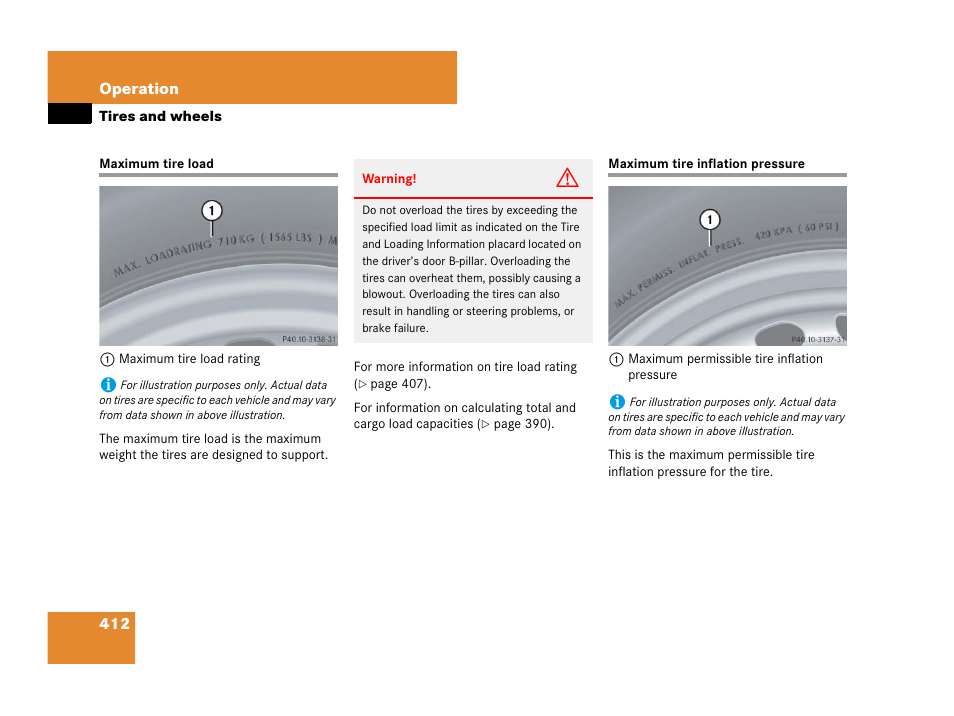 Maximum tire load, Maximum tire pressure, Maximum tire load maximum tire inflation pressure | Mercedes-Benz GL-Class 2007 Owners Manual User Manual | Page 413 / 595