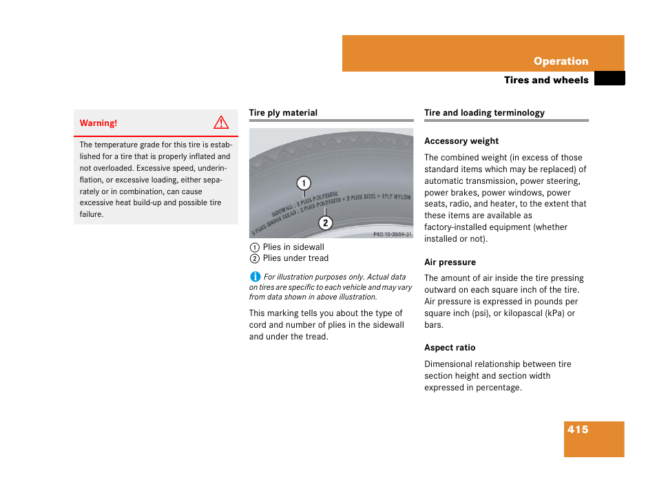 Tire ply material, Tires:terminology, Tire ply material tire and loading terminology | Mercedes-Benz GL-Class 2007 Owners Manual User Manual | Page 416 / 595