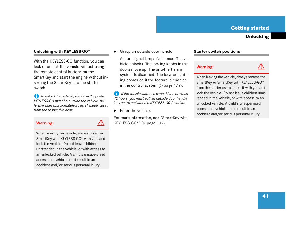 Key, smartkey with keyless-go*:locking/unlocking, Starter switch positions | Mercedes-Benz GL-Class 2007 Owners Manual User Manual | Page 42 / 595