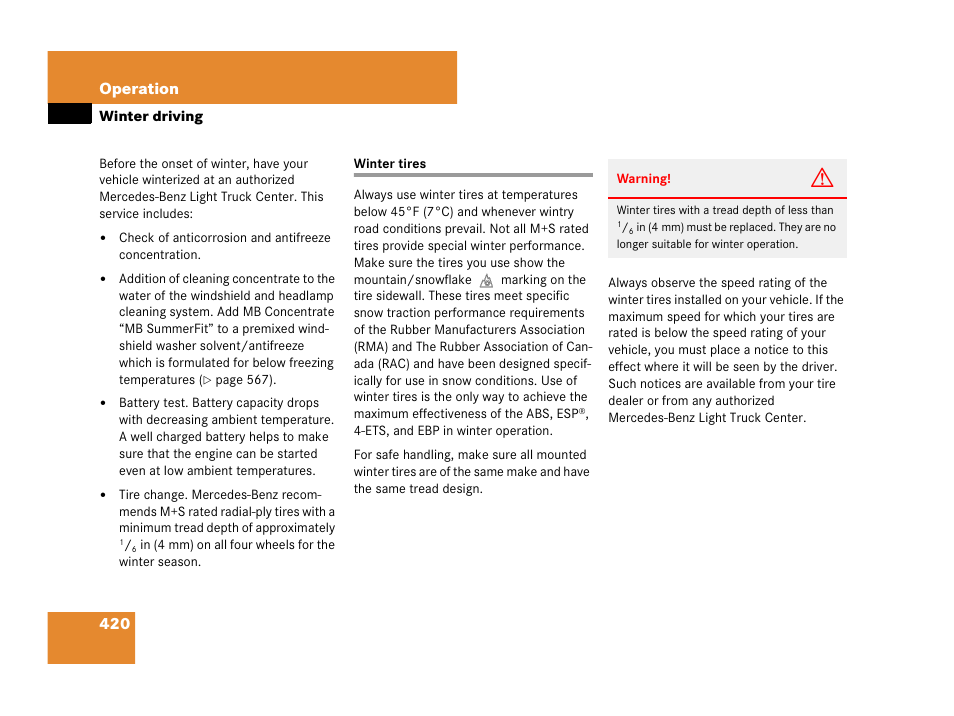 Winter driving, Winter driving:tires, Winter tires | Res, see “winter tires, On, see “winter driving, 420 operation | Mercedes-Benz GL-Class 2007 Owners Manual User Manual | Page 421 / 595