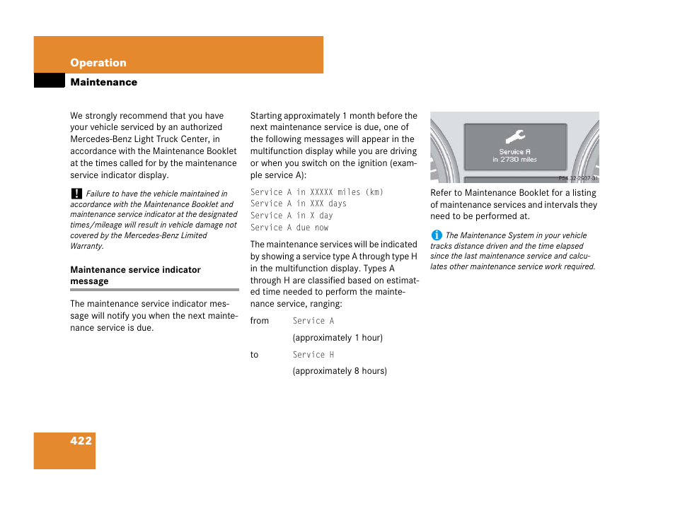 Maintenance, Maintenance:service indicator message, Maintenance service indicator message | Mercedes-Benz GL-Class 2007 Owners Manual User Manual | Page 423 / 595