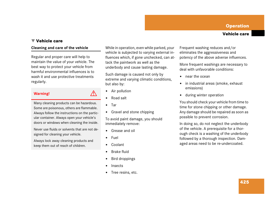 Vehicle:care, Vehicle care, Cleaning and care of the vehicle | Mercedes-Benz GL-Class 2007 Owners Manual User Manual | Page 426 / 595