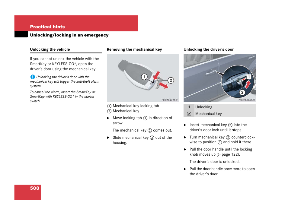 Emergency operation:locking/unlocking the vehicle, Door:unlocking, mechanical key, Unlocking/locking in an emergency | Unlocking the vehicle, See “unlocking the vehicle, Er’s door | Mercedes-Benz GL-Class 2007 Owners Manual User Manual | Page 501 / 595