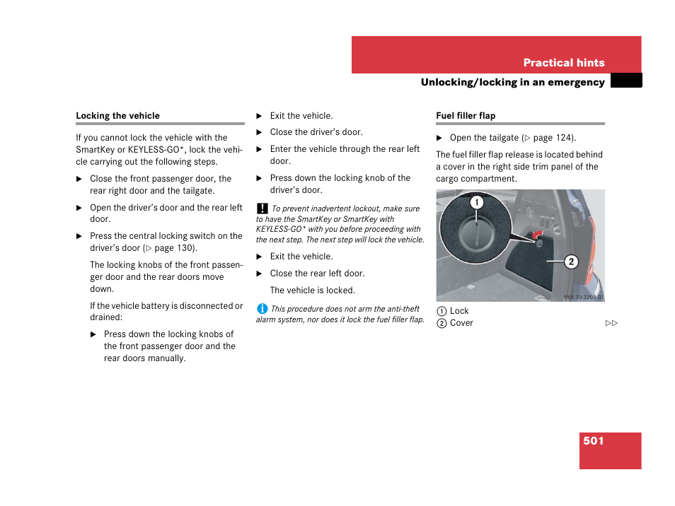 Emergency operation:locking/unlocking the vehicle, Fuel:fuel filler flap and cap, Locking the vehicle fuel filler flap | See “fuel filler flap | Mercedes-Benz GL-Class 2007 Owners Manual User Manual | Page 502 / 595