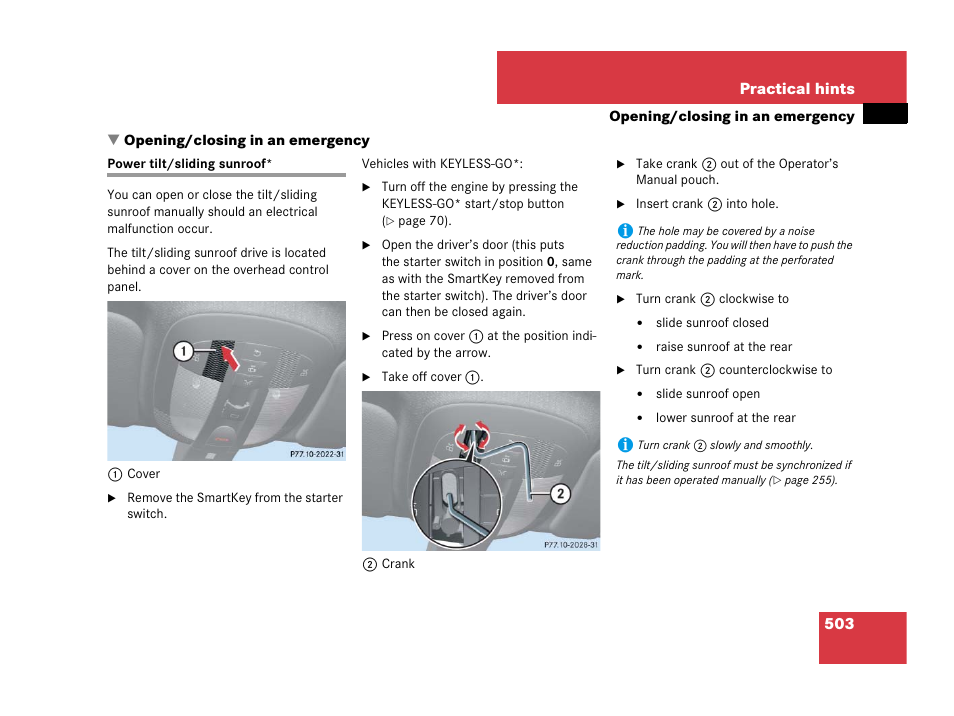 Opening/closing in an emergency, Power tilt/sliding sunroof | Mercedes-Benz GL-Class 2007 Owners Manual User Manual | Page 504 / 595