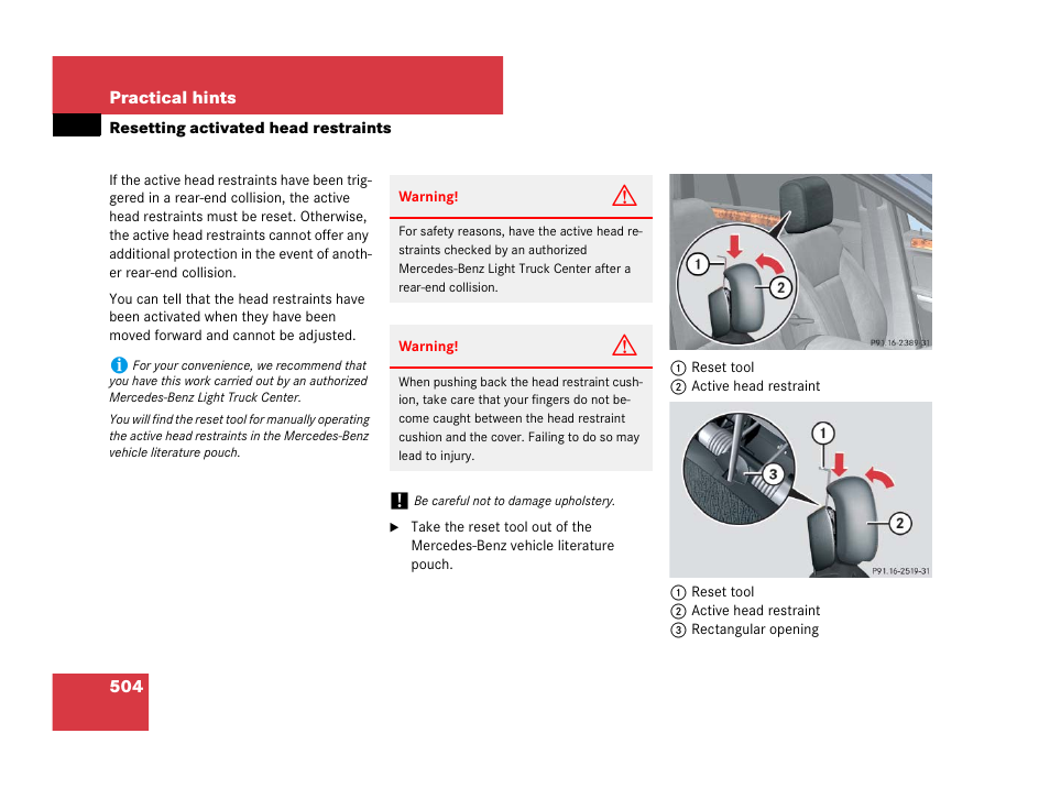 Active head restraint, Resetting activated head restraints, See “resetting acti- vated head restraints | Mercedes-Benz GL-Class 2007 Owners Manual User Manual | Page 505 / 595