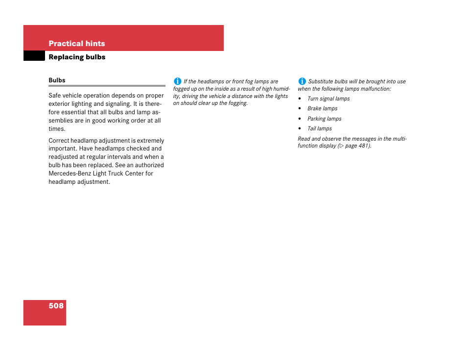 Bulbs, Replacing bulbs, See “re- placing bulbs | Mercedes-Benz GL-Class 2007 Owners Manual User Manual | Page 509 / 595