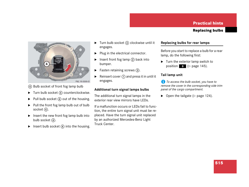 Backup lamps:replacing bulbs, Replacing bulbs for rear lamps | Mercedes-Benz GL-Class 2007 Owners Manual User Manual | Page 516 / 595