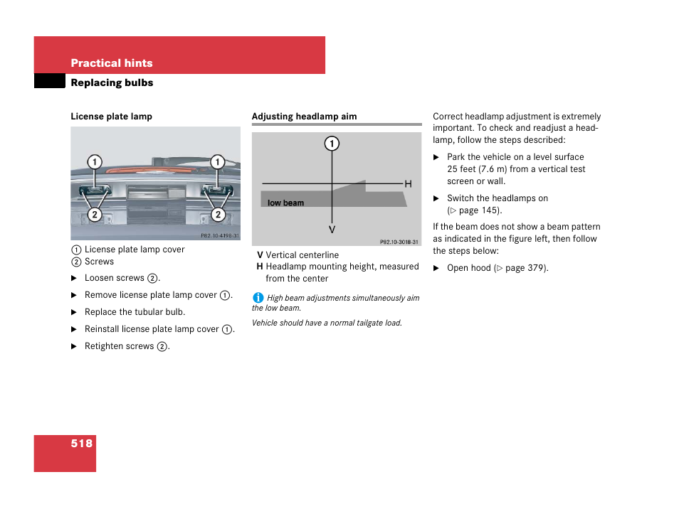 Headlamp aim:adjusting, Adjusting headlamp aim | Mercedes-Benz GL-Class 2007 Owners Manual User Manual | Page 519 / 595