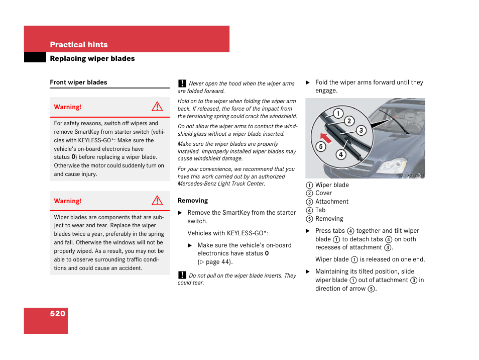 Windshield wipers:replacing wiper blades, Front wiper blades, Replacing wiper blades | Mercedes-Benz GL-Class 2007 Owners Manual User Manual | Page 521 / 595