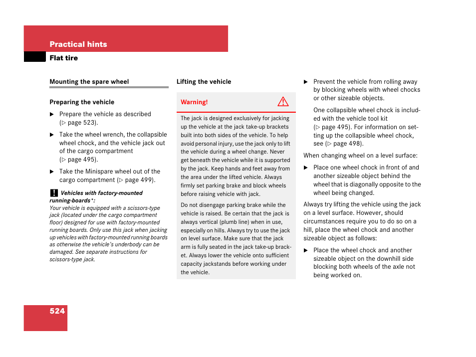 Flat tire:mounting the spare wheel, Mounting the spare wheel, See “mounting the spare wheel | 524 practical hints | Mercedes-Benz GL-Class 2007 Owners Manual User Manual | Page 525 / 595