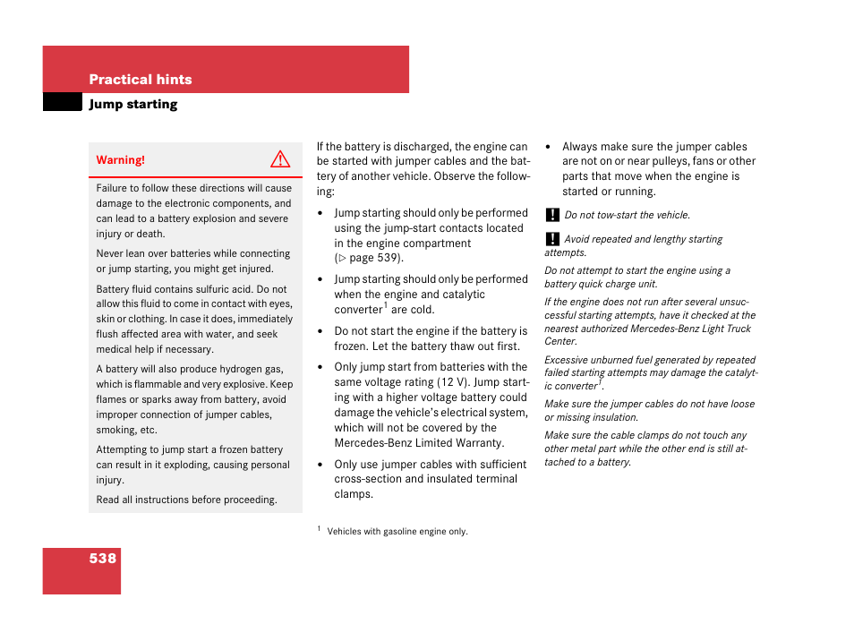 Emergency, in case of:battery, jump starting, Jump starting, 538 practical hints | Mercedes-Benz GL-Class 2007 Owners Manual User Manual | Page 539 / 595