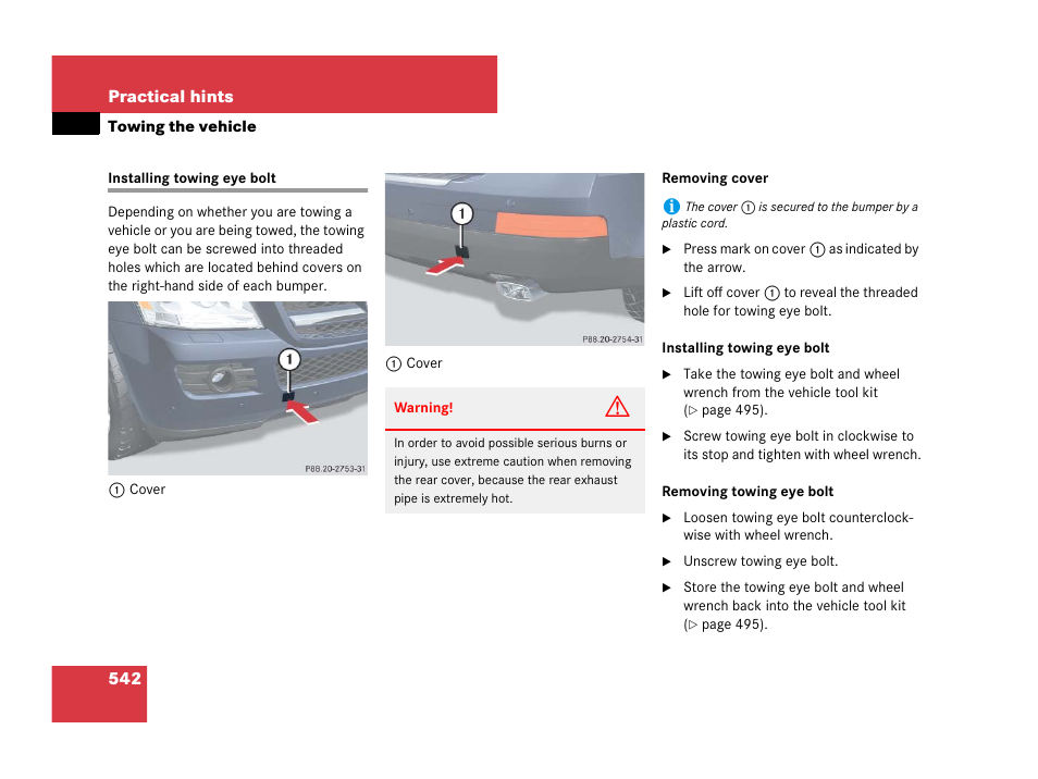 Towing eye bolt, Installing towing eye bolt | Mercedes-Benz GL-Class 2007 Owners Manual User Manual | Page 543 / 595