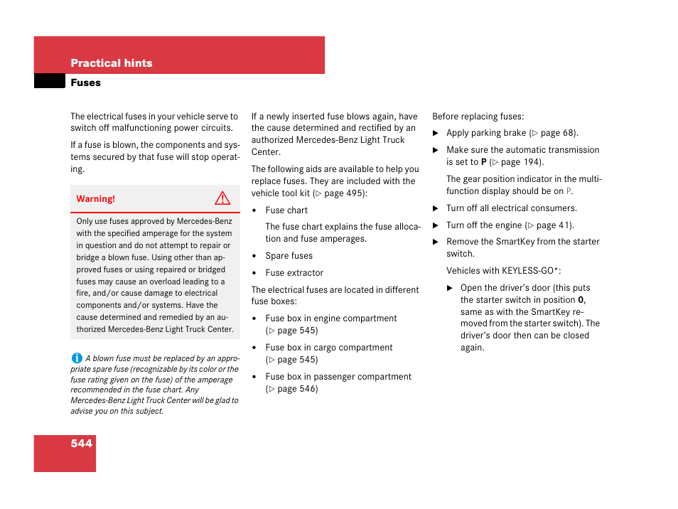Fuses:replacing, Fuses, 544 practical hints | Mercedes-Benz GL-Class 2007 Owners Manual User Manual | Page 545 / 595