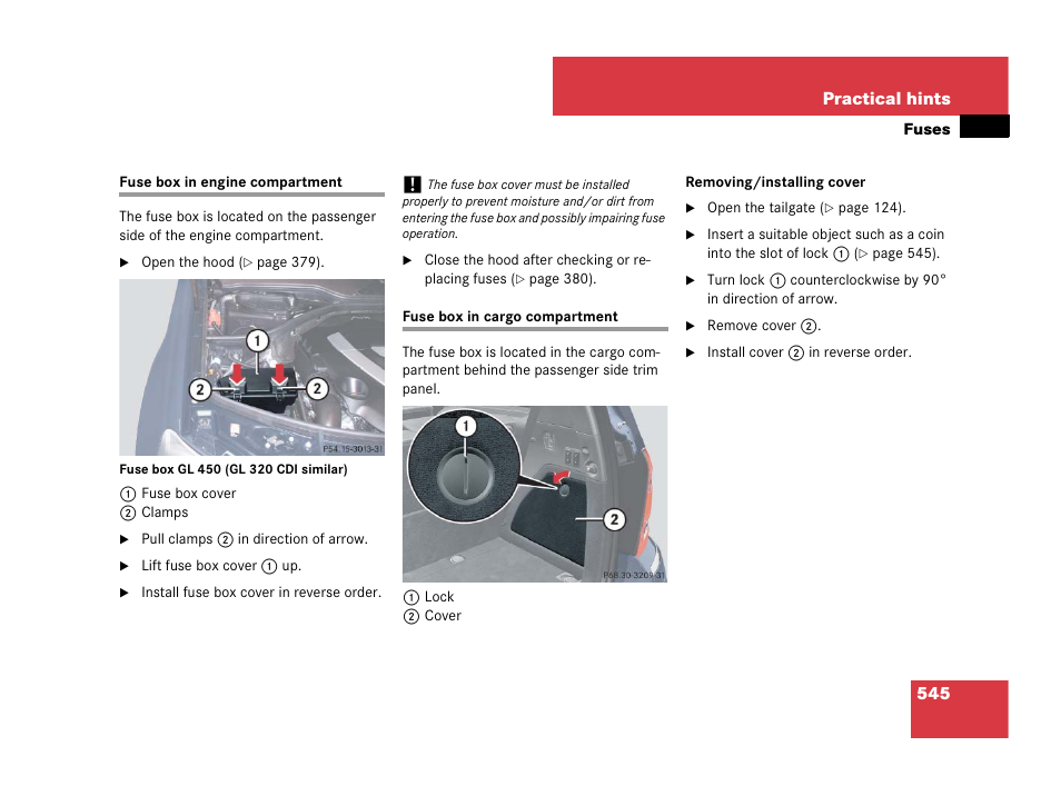 Fuses:fuse box in engine compartment, Fuses:fuse box in cargo compartment | Mercedes-Benz GL-Class 2007 Owners Manual User Manual | Page 546 / 595