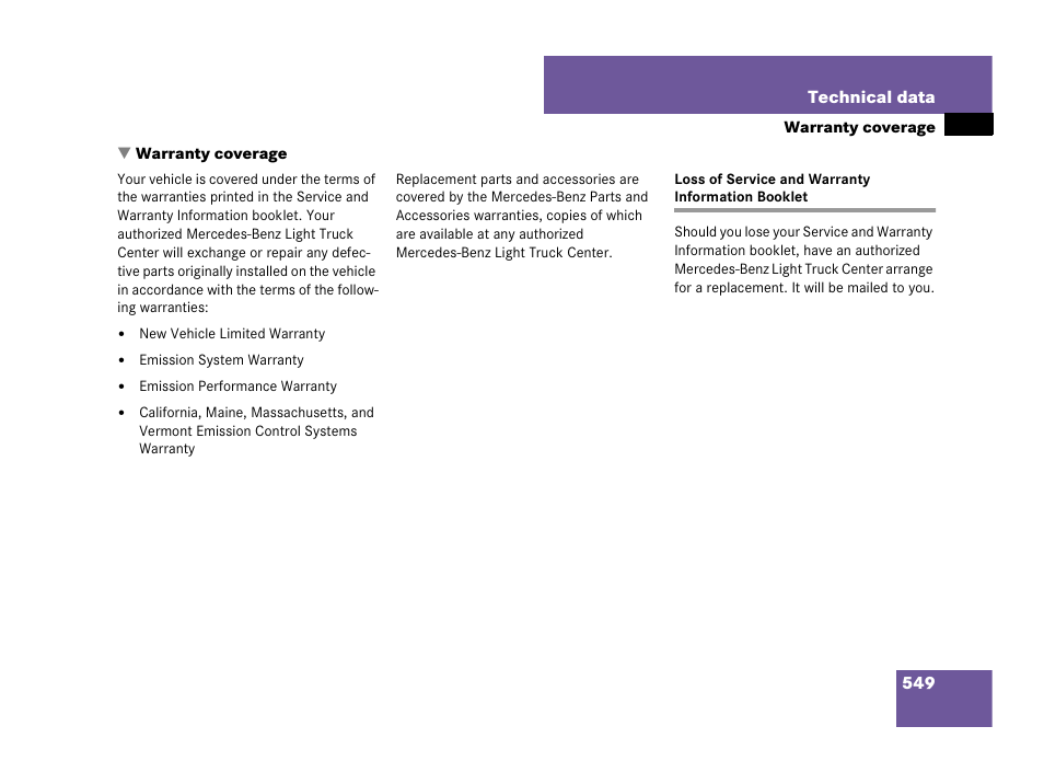 Warranty coverage, Loss of service and warranty information booklet | Mercedes-Benz GL-Class 2007 Owners Manual User Manual | Page 550 / 595