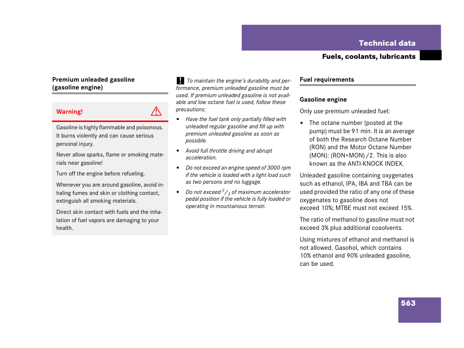 Premium unleaded gasoline, Technical data:fuel requirements, See “premium unleaded gasoline (gasoline engine) | 563 technical data | Mercedes-Benz GL-Class 2007 Owners Manual User Manual | Page 564 / 595