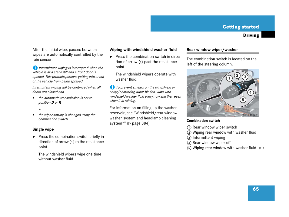 Windshield wipers:rear window wiper/washer, Rear window wiper/washer | Mercedes-Benz GL-Class 2007 Owners Manual User Manual | Page 66 / 595
