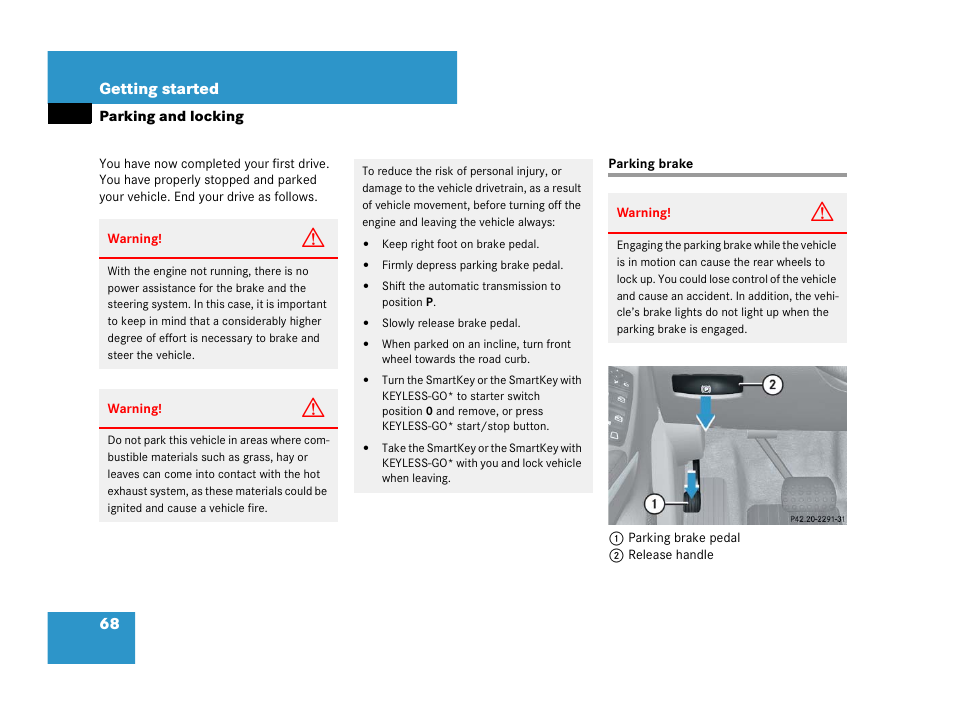 Parking:on hills, Parking brake, Parking and locking | Mercedes-Benz GL-Class 2007 Owners Manual User Manual | Page 69 / 595