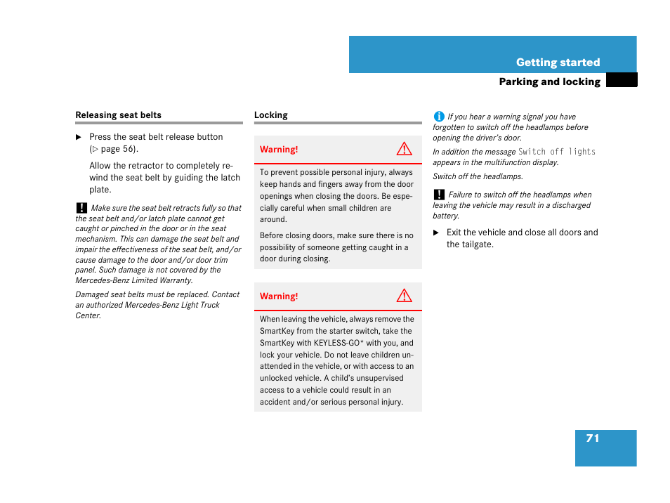 Door:locking/unlocking, smartkey, Releasing seat belts locking | Mercedes-Benz GL-Class 2007 Owners Manual User Manual | Page 72 / 595