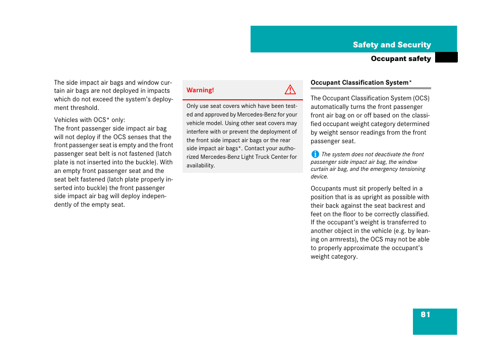 Air bags:occupant classification system* (ocs), Occupant classification system | Mercedes-Benz GL-Class 2007 Owners Manual User Manual | Page 82 / 595