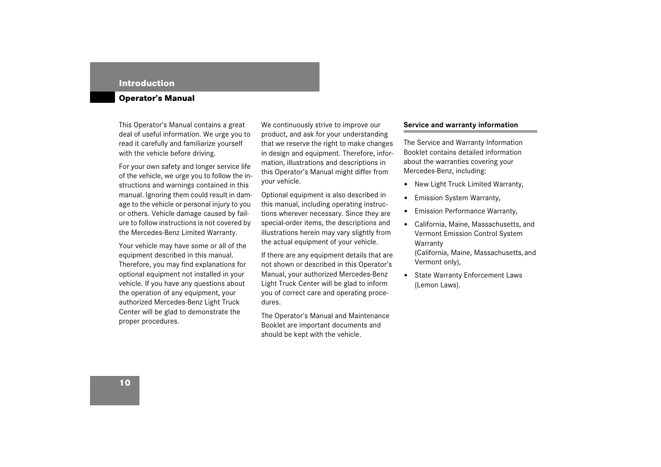 Operator’s manual, Emission control:system warranties, Service and warranty information | Mercedes-Benz M-Class 2007 Owners Manual User Manual | Page 11 / 585