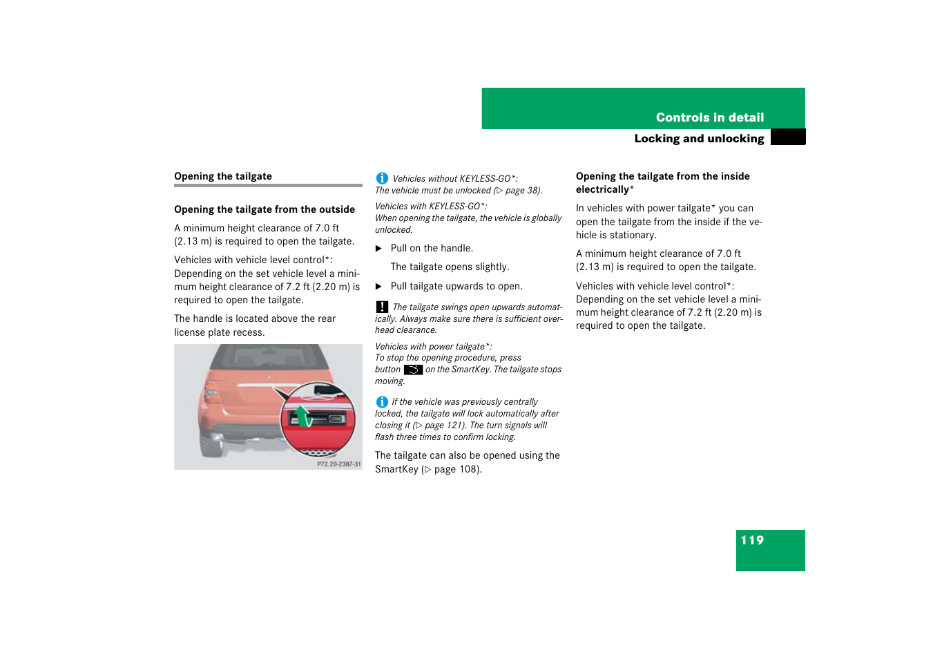 Tailgate:opening, Opening the tailgate | Mercedes-Benz M-Class 2007 Owners Manual User Manual | Page 120 / 585