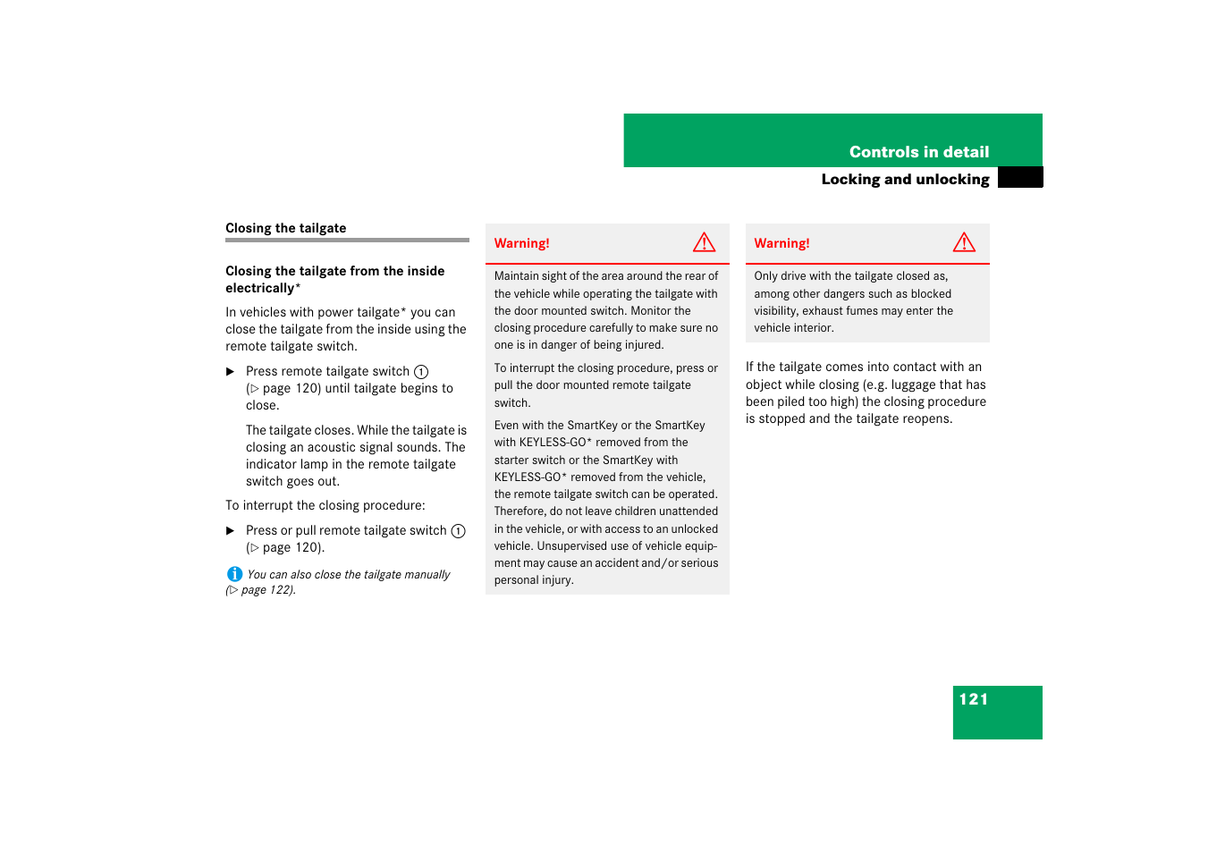 Tailgate:closing, Closing the tailgate, Losing it | Mercedes-Benz M-Class 2007 Owners Manual User Manual | Page 122 / 585